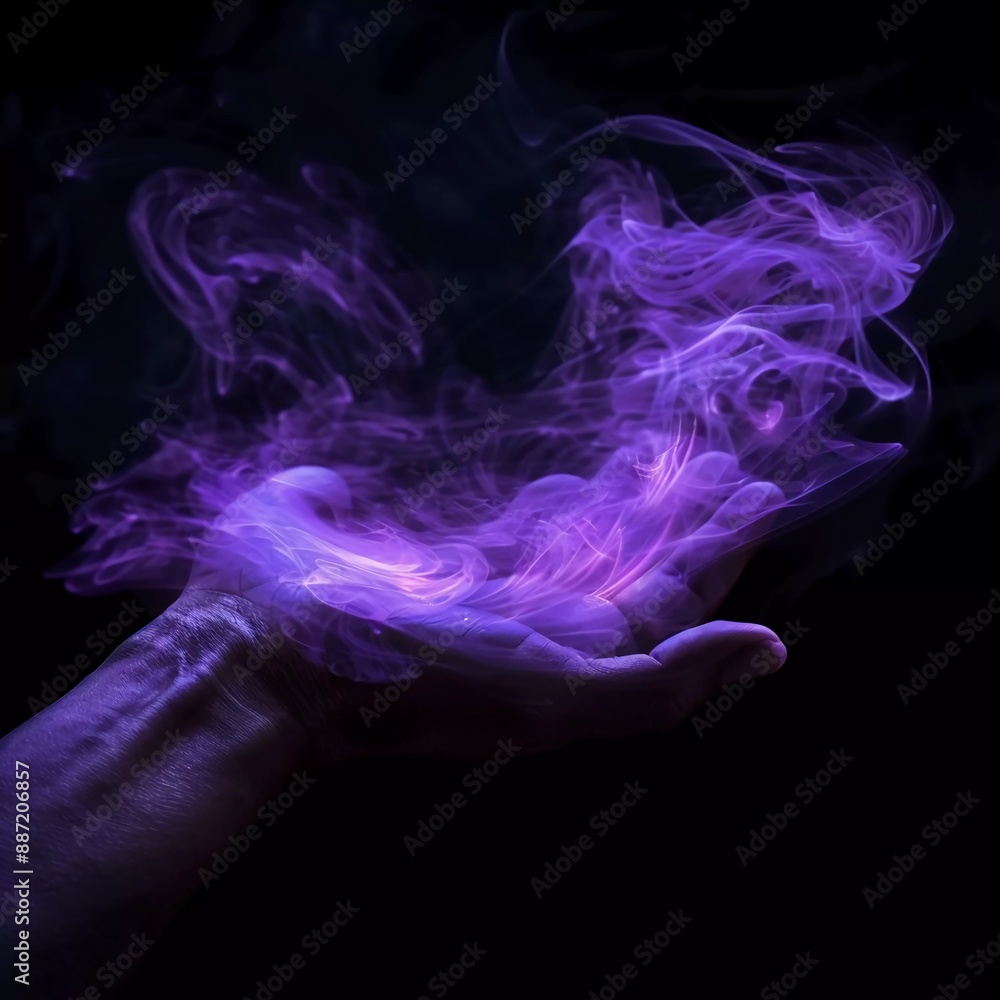 Fototapeta premium Purple Glowing fantasy hand concept. Ethereal magical fantasy wisps of magical glowing neon smoke set against a black background. Very beautiful wizardry