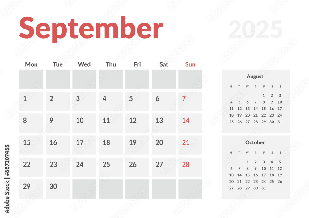 Monthly page Calendar Planner Templates of September 2025. Vector layout of simple calendar with week start Monday for print. Page for size A4 or 21x29.7 cm Monthly page Calendar Planner Templates of September 2025. Vector layout of simple calendar with week start Monday for print. Page for size A4 or 21x29.7 cm