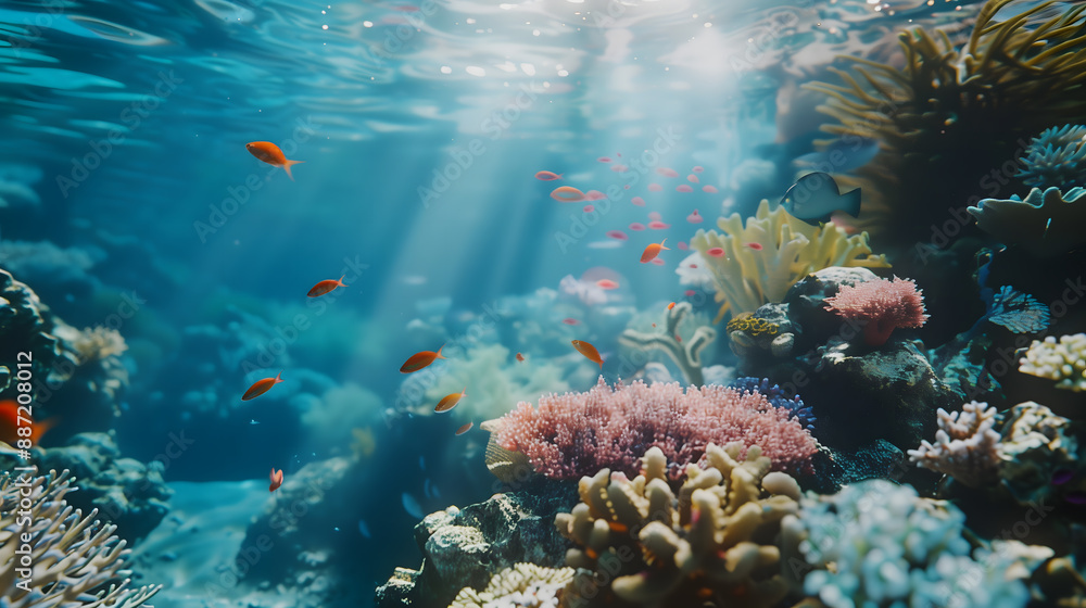Mimic tank fish swimming in the ocean Below is a beautiful coral reef. The water was blue and the sun was shining on it. Mimic tank fish Mimic tank fish swimming in the ocean Below is a beautiful coral reef. The water was blue and the sun was shining on it. Mimic tank fish