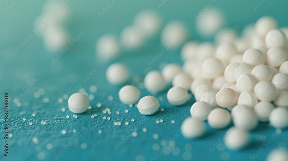 Close up of spilled homeopathic pills on a blue surface with focus on disease resistance Close up of spilled homeopathic pills on a blue surface with focus on disease resistance
