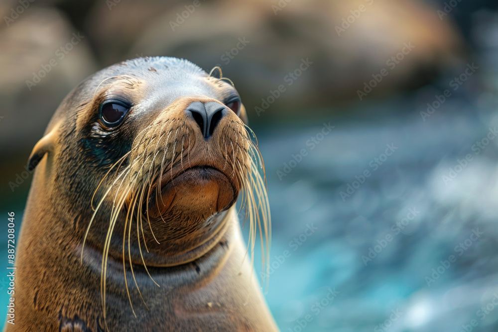 Obraz premium Close-Up Portrait of a Curious Sea Lion with Whiskers in Focus
