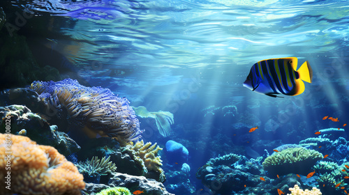 Mimic tank fish swimming in the ocean Below is a beautiful coral reef. The water was blue and the sun was shining on it. Mimic tank fish photo