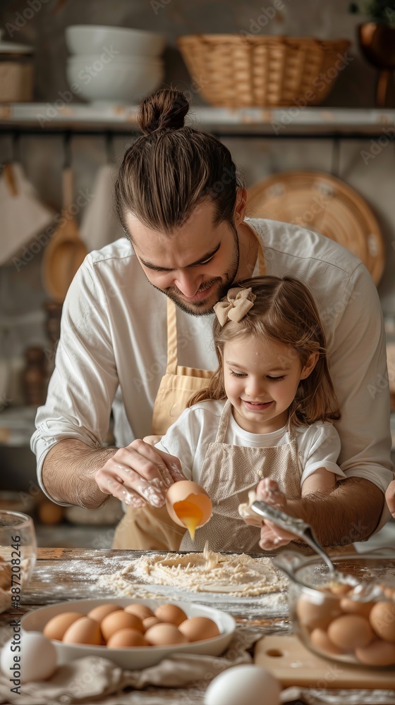 Home bakery concept. Happy father adding egg to cookies dough, helping and learning daughter how to cook Home bakery concept. Happy father adding egg to cookies dough, helping and learning daughter how to cook