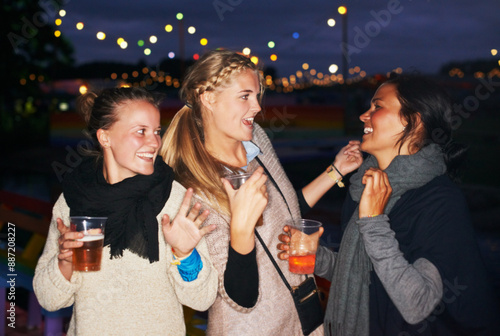 Photography Friends, beer outdoor at night or music festival in forest adventure, nature celebration or group connection