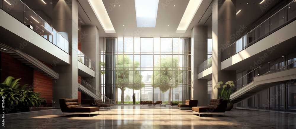 Modern Lobby with Glass Walls and Sunlight Modern Lobby with Glass Walls and Sunlight