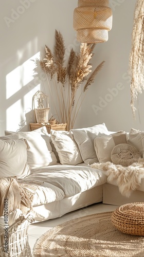 Home interior in boho style, living room in pastel beige colors 