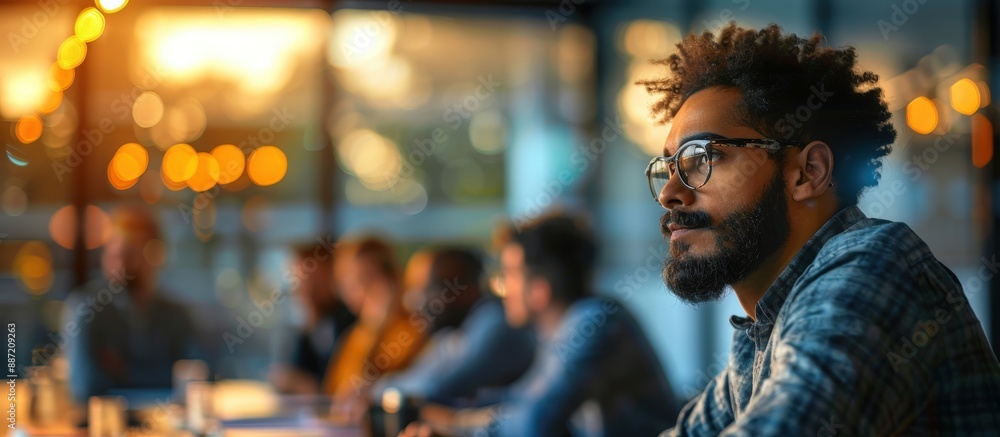 Thoughtful Businessman in Modern Office During Team Meeting with Blurred Colleagues in Background Thoughtful Businessman in Modern Office During Team Meeting with Blurred Colleagues in Background