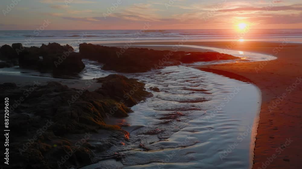 Calm stream flowing into the ocean at sunset. Hamiltons Gap, Awhitu Peninsula, Auckland, New Zealand. Calm stream flowing into the ocean at sunset. Hamiltons Gap, Awhitu Peninsula, Auckland, New Zealand.