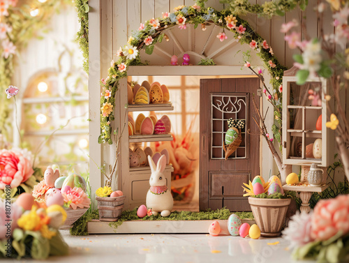 The Whimsical Easter Eggs Shop of Delightful Springtime Shopping Experience. Ideal for use in holiday marketing materials, social media posts, retail advertisements, and seasonal event promotions. photo