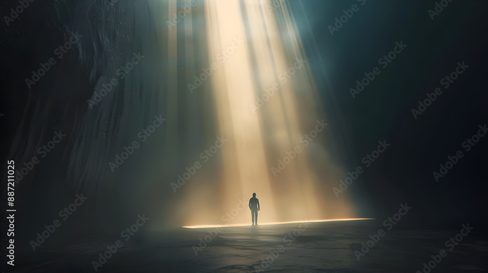 Beam of light shining on a lone individual in a cavernous space, evoking themes of faith, hope, and solitude with dramatic lighting and shadows. Beam of light shining on a lone individual in a cavernous space, evoking themes of faith, hope, and solitude with dramatic lighting and shadows.