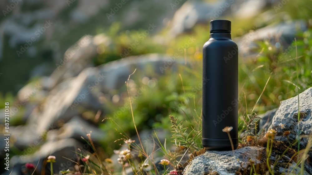 Obraz premium A black metal water bottle sits atop a rocky outcropping amidst a bed of green grass and wild flowers