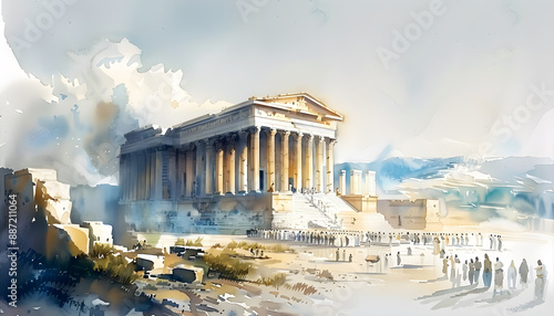 Vibrant watercolor illustration of the ancient rebuilding temple scene from Ezra 6:15, Old Testament, depicting historical architecture, cultural heritage, and spiritual significance. photo