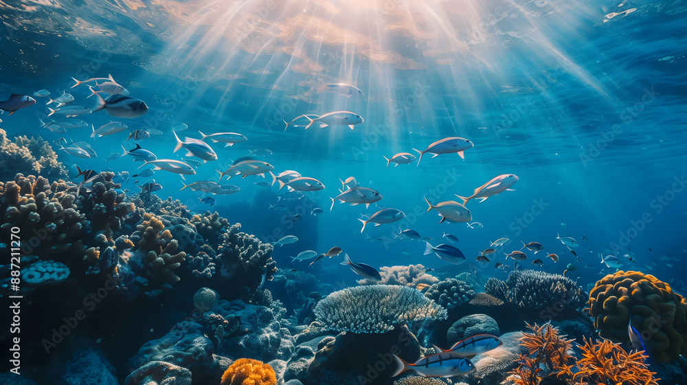 Fototapeta premium School of Shohow fish swimming in the ocean Below is a beautiful coral reef. The water was blue and the sun was shining on schools of Shohow fish.