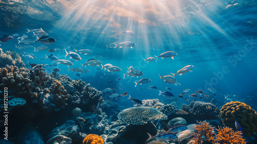 Wallpaper Mural School of Shohow fish swimming in the ocean Below is a beautiful coral reef. The water was blue and the sun was shining on schools of Shohow fish. Torontodigital.ca