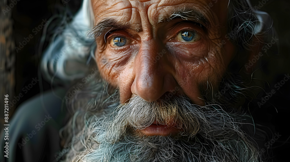 Close-up portrait of an elderly man with a long gray beard and deep blue eyes, evoking wisdom and contemplation. Ideal for concepts of aging, wisdom, and nostalgia. Close-up portrait of an elderly man with a long gray beard and deep blue eyes, evoking wisdom and contemplation. Ideal for concepts of aging, wisdom, and nostalgia.