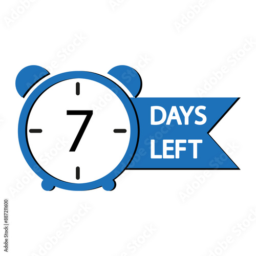 Countdown timer icon. Blue alarm clock. Seven days left. Vector illustration.