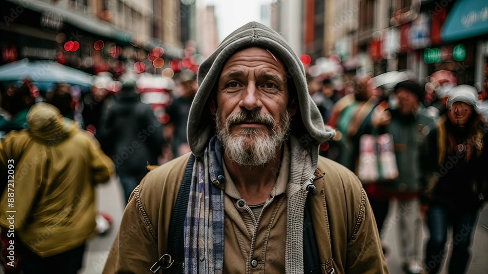 Portrait of a man with a gray beard, in old clothes on the street of the city Portrait of a man with a gray beard, in old clothes on the street of the city