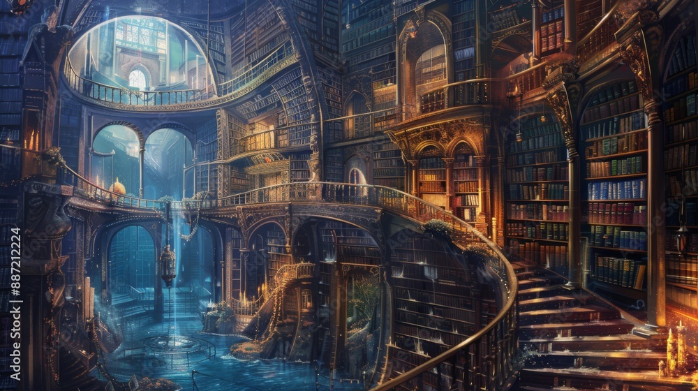 A grand, ornate library with towering bookshelves and a flowing waterfall in the center. A grand, ornate library with towering bookshelves and a flowing waterfall in the center.
