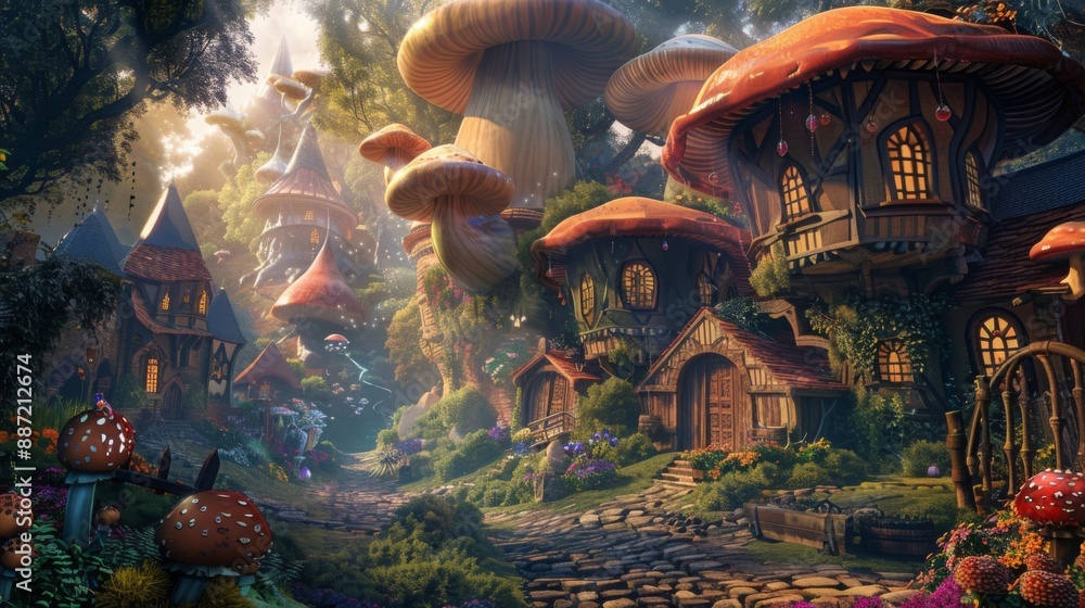 Obraz premium A cobblestone path weaves through a magical forest to a charming village with mushroom houses, basking in the warm glow of the sun's light on the windows