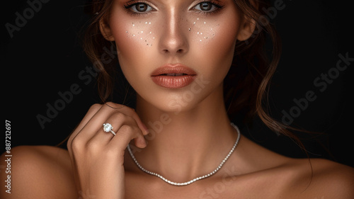 Beautiful model wearing and holding diamond ring and bracelets. necklace.