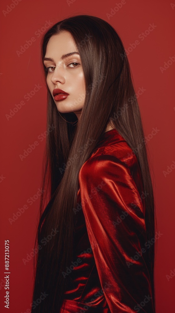 A woman with long, dark hair gazes thoughtfully into the distance. Dressed in a scarlet satin blouse, she stands against a vibrant red background, her lips painted a matching shade A woman with long, dark hair gazes thoughtfully into the distance. Dressed in a scarlet satin blouse, she stands against a vibrant red background, her lips painted a matching shade