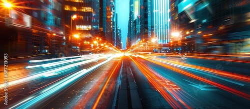 Dynamic Night Cityscape with Blurred Traffic Lights and Modern Skyscrapers