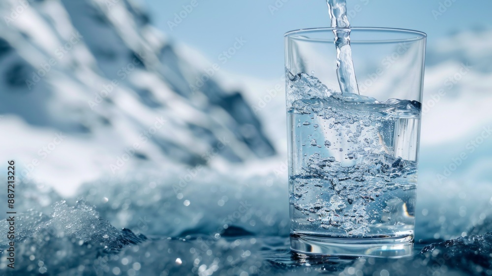 A glass of water is poured on a bed of ice, with a mountain range in the background, creating a serene and refreshing scene A glass of water is poured on a bed of ice, with a mountain range in the background, creating a serene and refreshing scene