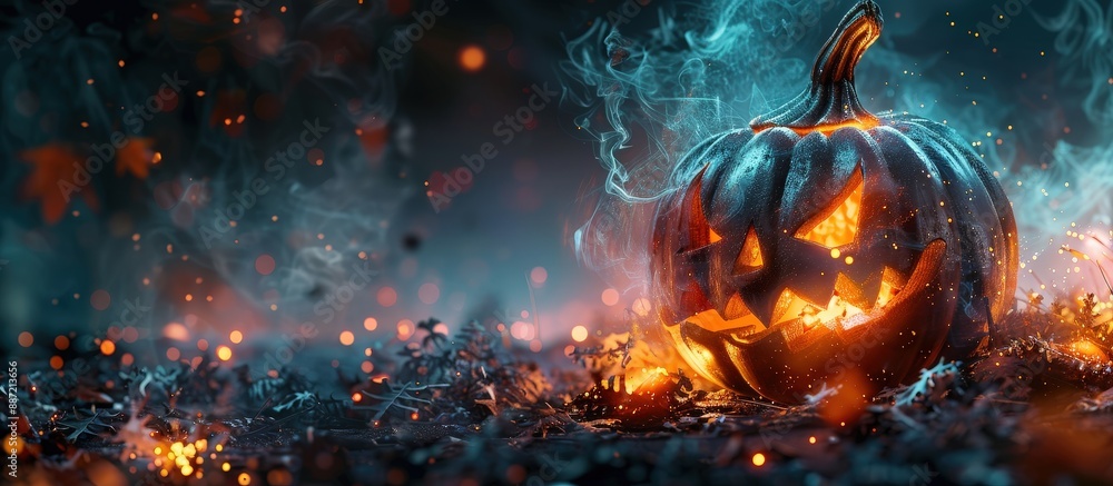 Spooky Halloween Pumpkin with Glowing Eyes and Mouth in a Dark, Foggy Forest Setting Spooky Halloween Pumpkin with Glowing Eyes and Mouth in a Dark, Foggy Forest Setting