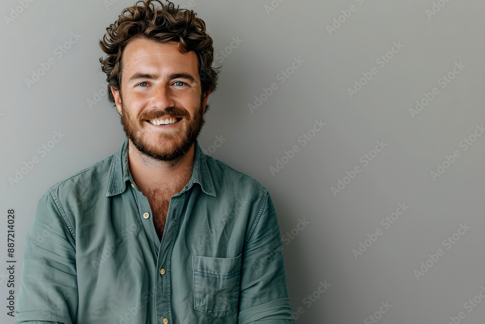 Smiling man with curly hair in a casual green shirt against a gray backdrop. Ideal for lifestyle, marketing, and personal development themes. Ample copy space. Smiling man with curly hair in a casual green shirt against a gray backdrop. Ideal for lifestyle, marketing, and personal development themes. Ample copy space.