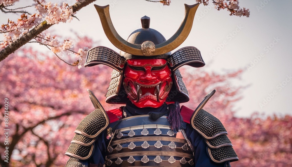 A Japanese Samurai warrior posing in front of pink cherry blossom trees wearing full armor and a red mask