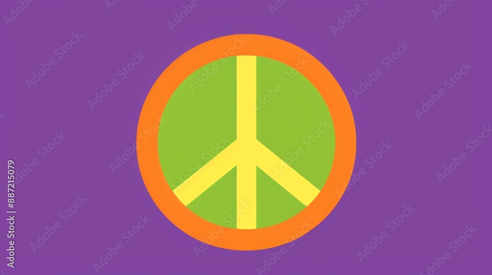 A yellow peace sign is centered on a purple background, with an orange circle around it A yellow peace sign is centered on a purple background, with an orange circle around it