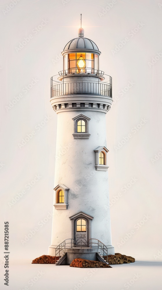 A white lighthouse with windows and a lit beacon, standing tall against a plain background. A white lighthouse with windows and a lit beacon, standing tall against a plain background.