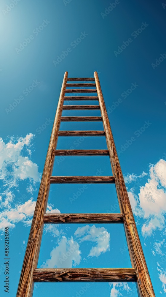 A wooden ladder reaching towards a bright blue sky with fluffy white clouds.