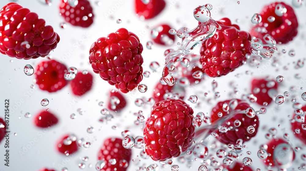 Fresh red raspberries splashing in water, creating a vibrant and refreshing image. Fresh red raspberries splashing in water, creating a vibrant and refreshing image.
