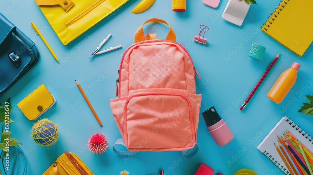 Top view of fashionable backpack with various school supplies on blue backdrop Top view of fashionable backpack with various school supplies on blue backdrop