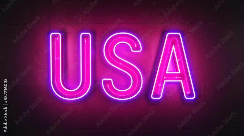 A pink neon sign spelling USA on a brick wall, illuminated at night A pink neon sign spelling USA on a brick wall, illuminated at night