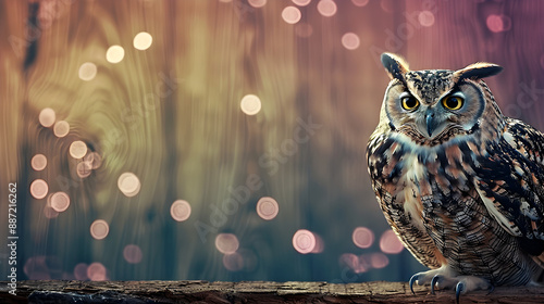 Magical owl perched on a log against a dreamy bokeh background, perfect for fantasy themes, educational materials, and wildlife promotions. Copy space available. photo