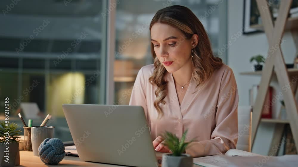 Late businesswoman using laptop in cozy office closeup. IT employee taking notes Late businesswoman using laptop in cozy office closeup. IT employee taking notes
