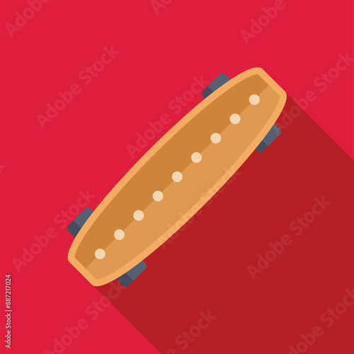 Skateboard with long shadow on red background, longboard for extreme city sports and urban lifestyle