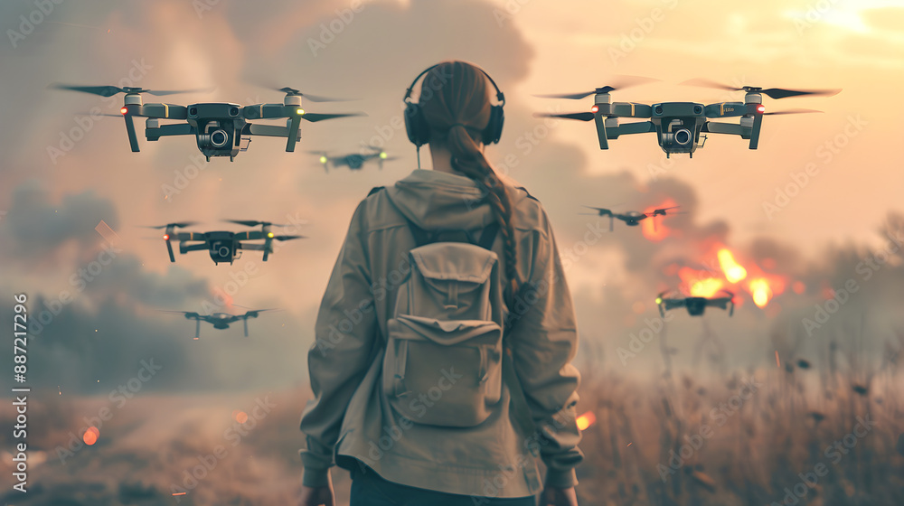 Drone operator oversees multiple drones in an intense outdoor environment, ideal for tech, security, and surveillance themes. Features dramatic lighting, action-packed scene. Drone operator oversees multiple drones in an intense outdoor environment, ideal for tech, security, and surveillance themes. Features dramatic lighting, action-packed scene.