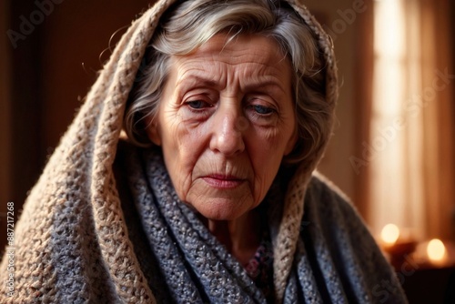 Worried sad older woman retiree pensioner, wrapped in blanket