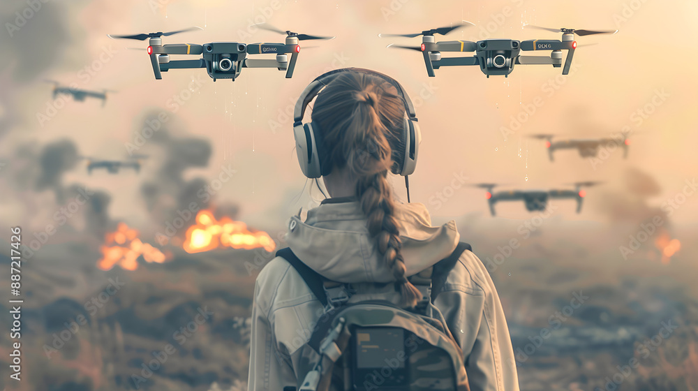 Backview of a person controlling multiple drones amid a smoky, dystopian landscape. Ideal for technology promotions, sci-fi themes, and tactical campaigns. Ample copy space. Backview of a person controlling multiple drones amid a smoky, dystopian landscape. Ideal for technology promotions, sci-fi themes, and tactical campaigns. Ample copy space.