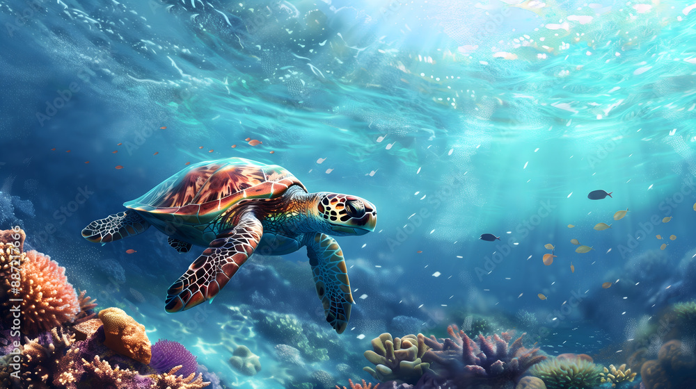 Fototapeta premium Turtle swimming in the ocean Below is a beautiful coral reef. The water was blue and the sun was shining on the turtle.