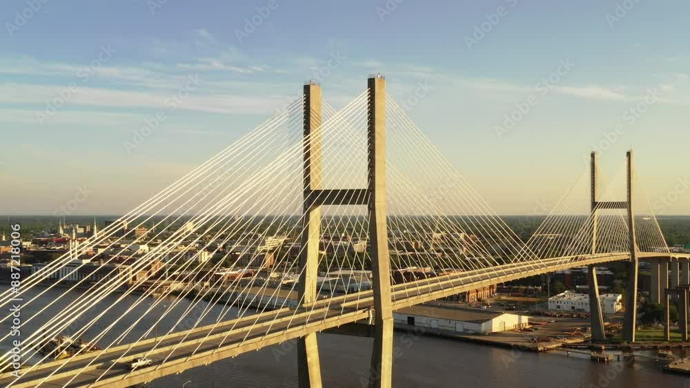 Aerial View Around the Talmadge Bridge in Savannah, Georgia at Golden Hour Aerial View Around the Talmadge Bridge in Savannah, Georgia at Golden Hour