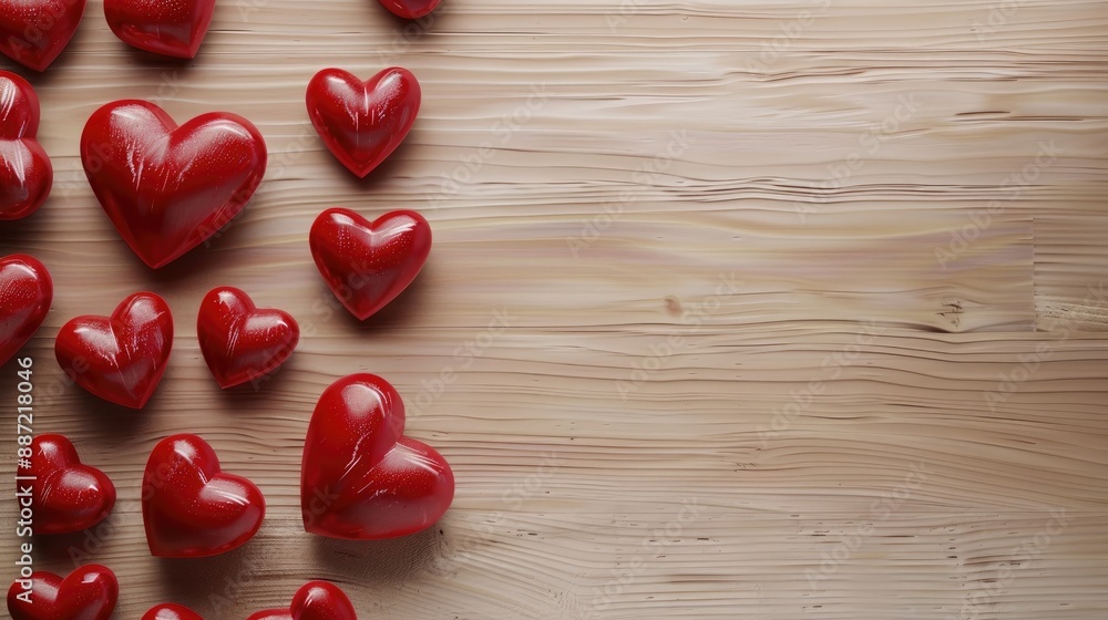 Red heart shapes on a light wood backdrop ready for text Overhead view High resolution image Red heart shapes on a light wood backdrop ready for text Overhead view High resolution image