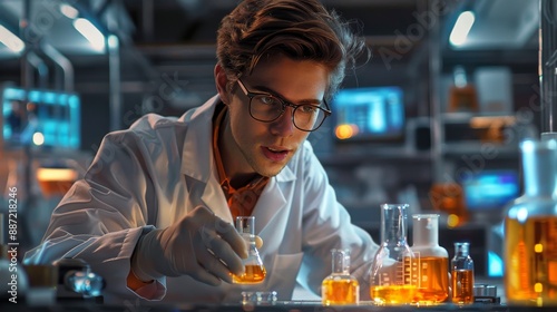 A chemical scientist with a flask in his hand conducts laboratory research in his lab