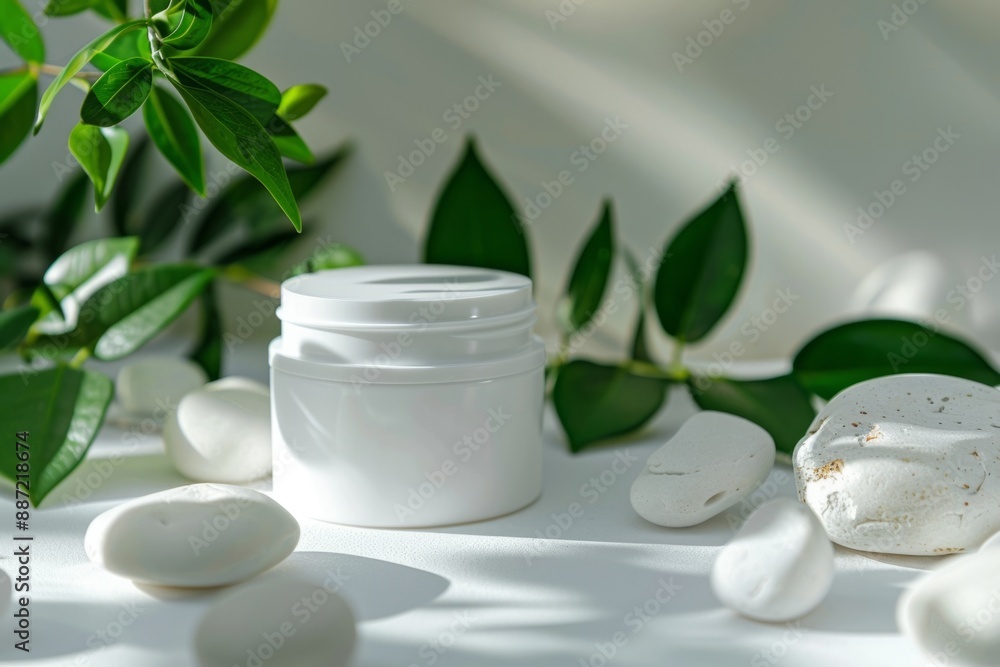 A white jar mockup on a white surface surrounded by green leaves and white stones, copy space A white jar mockup on a white surface surrounded by green leaves and white stones, copy space