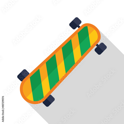 Orange longboard with green and yellow stripes standing on asphalt in flat design with long shadow