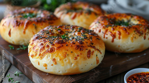 Baked buns with cheese and herbs on a wooden board. generativa IA © Victor