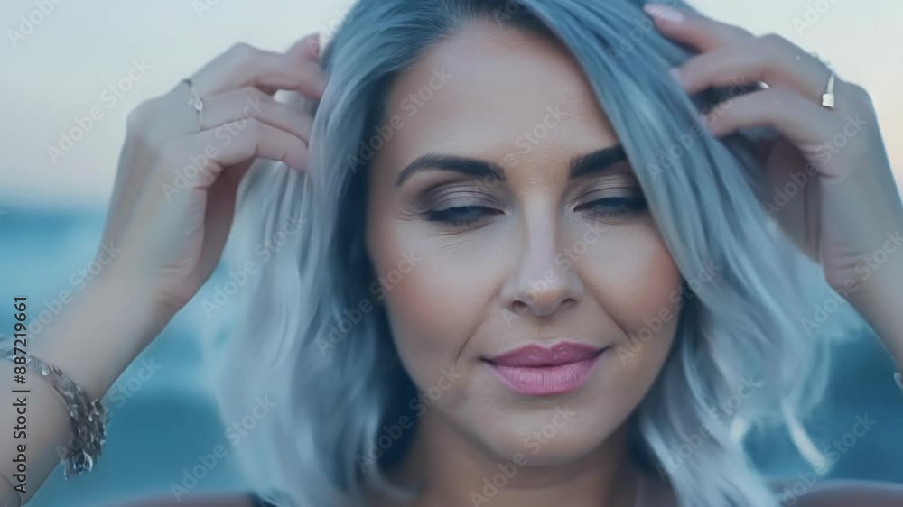 Slow motion shot of a woman running her fingers through her silver strands looking empowered and free. Slow motion shot of a woman running her fingers through her silver strands looking empowered and free.